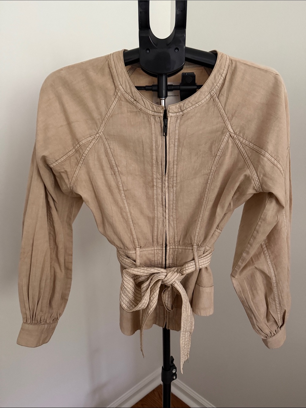 Anthropologie Beige Tie-Waist Zip Front Utility Jacket